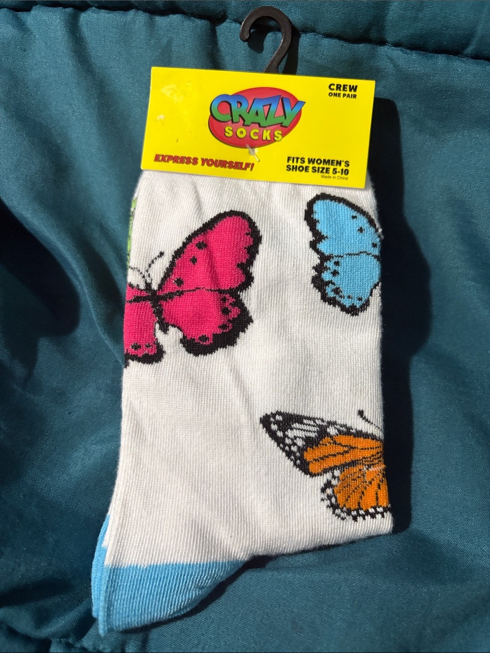Crazy Socks Women's White Crew Socks with Colorful Butterfly women’s shoe 5 - 10